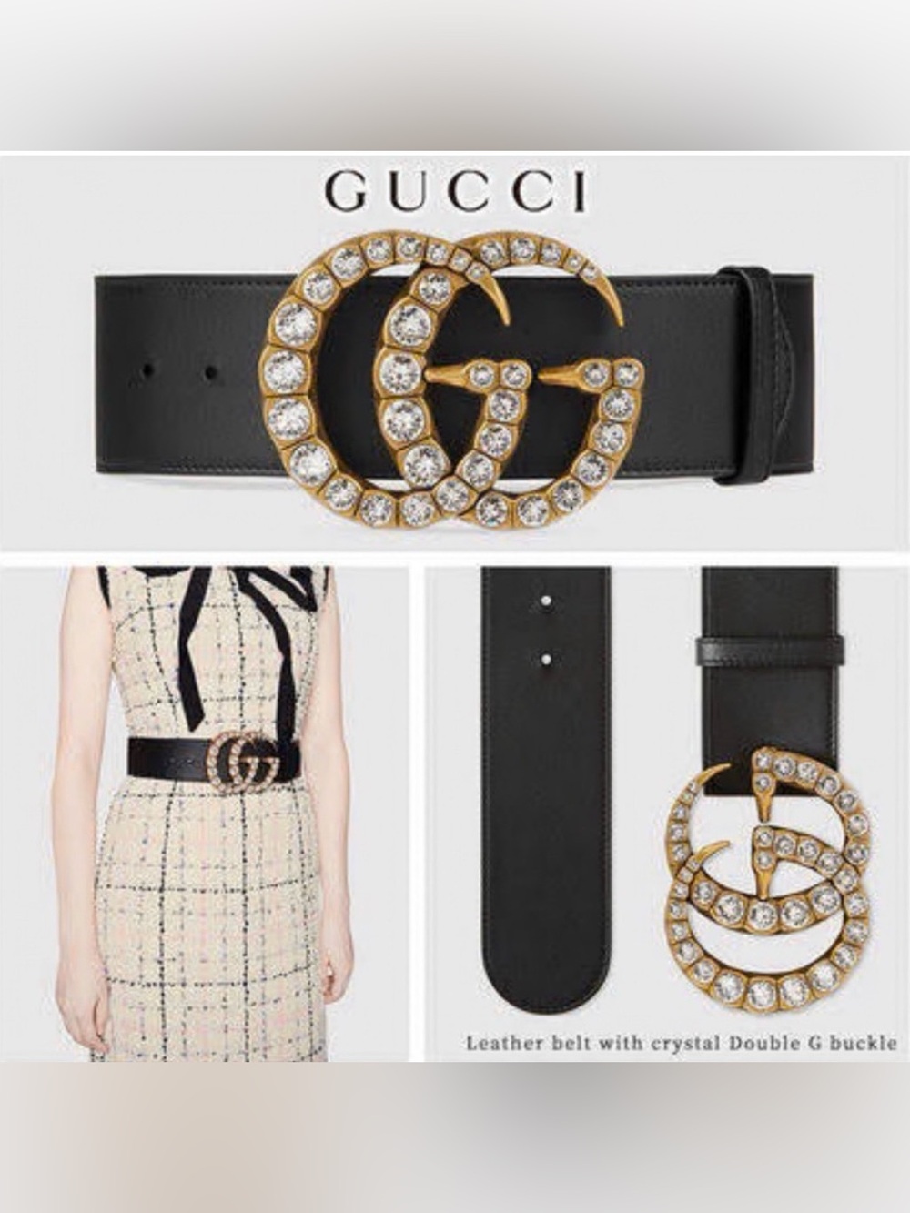 Gucci Black Leather Rhinestone Crystal GG Marmont Buckle Belt 95 CM—L W/ Box